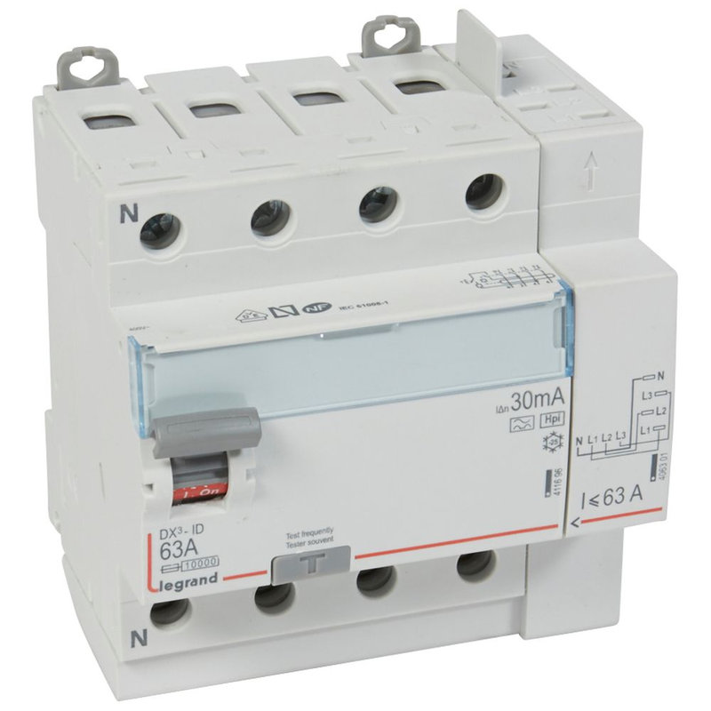 Legrand 411659 - Interrupteur différentiel DX³-ID haut vis/haut auto 4P 400V~ 63A F 30mA - 5 mod