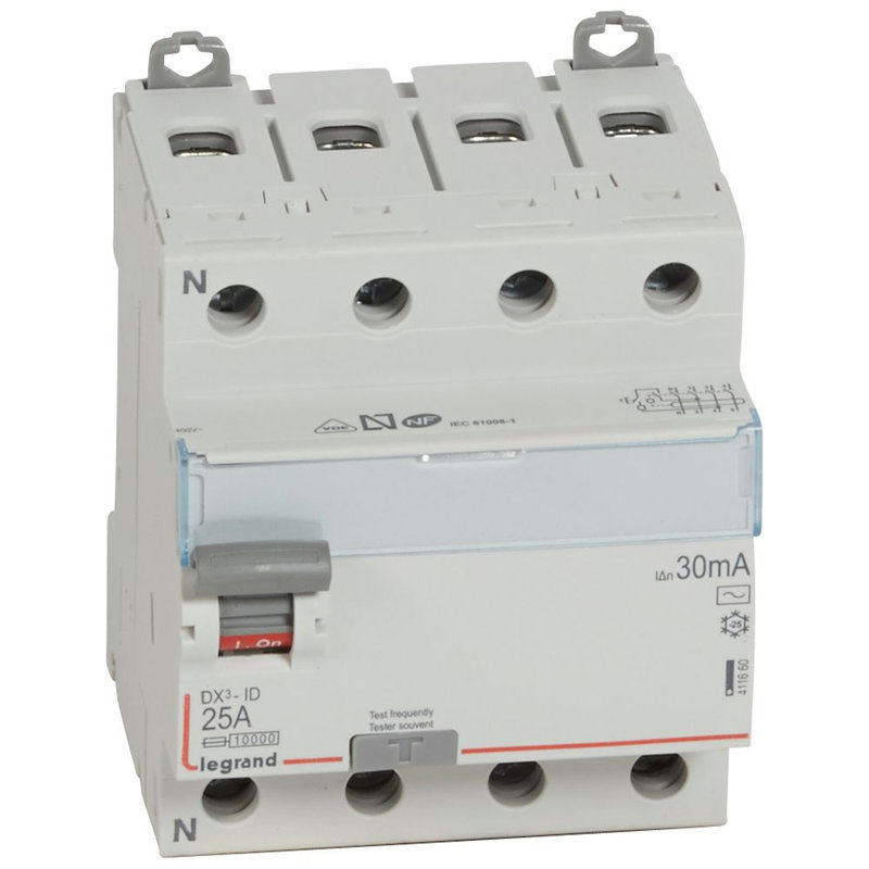 Legrand 411660 - Interrupteur différentiel DX³-ID haut/bas vis - 4P 400V~ 25A typeAC 30mA - 4 mod