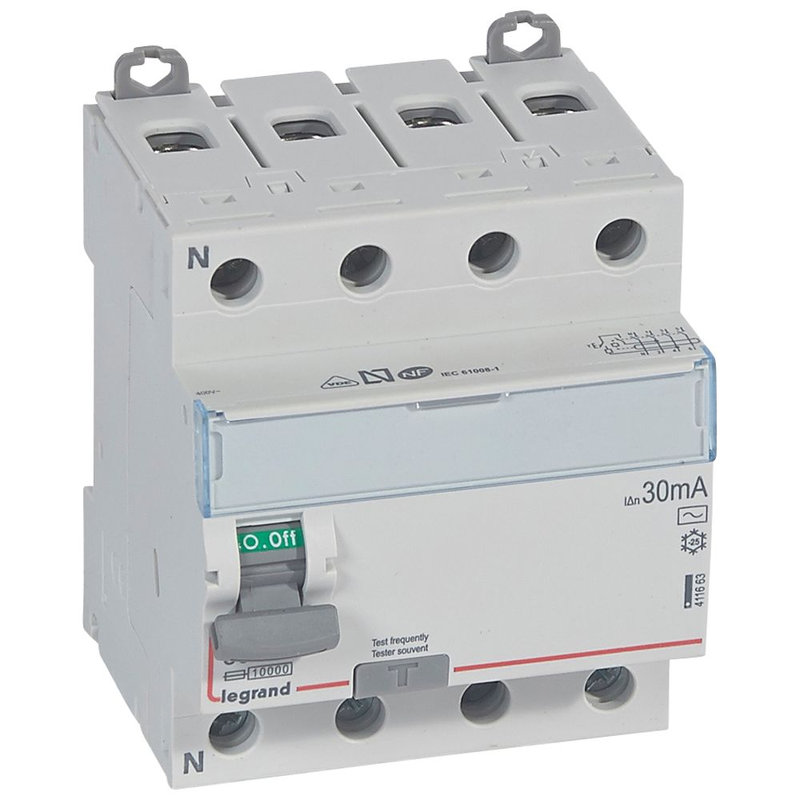 Legrand 411663 - Interrupteur différentiel DX³-ID haut/bas vis - 4P 400V~ 80A typeAC 30mA - 4 mod
