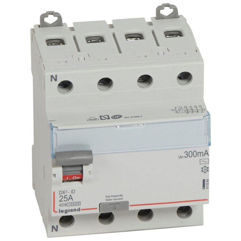 Legrand 411664 - Interrupteur différentiel DX³-ID haut/bas vis - 4P 400V~ 25A typeAC 300mA -4 mod