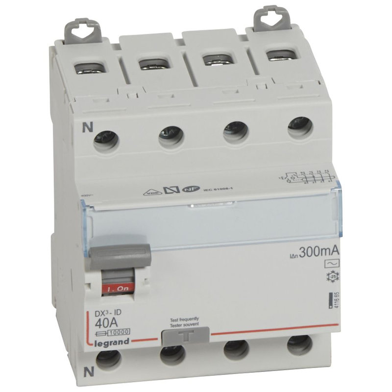 Legrand 411665 - Interrupteur différentiel DX³-ID haut/bas vis - 4P 400V~ 40A typeAC 300mA -4 mod