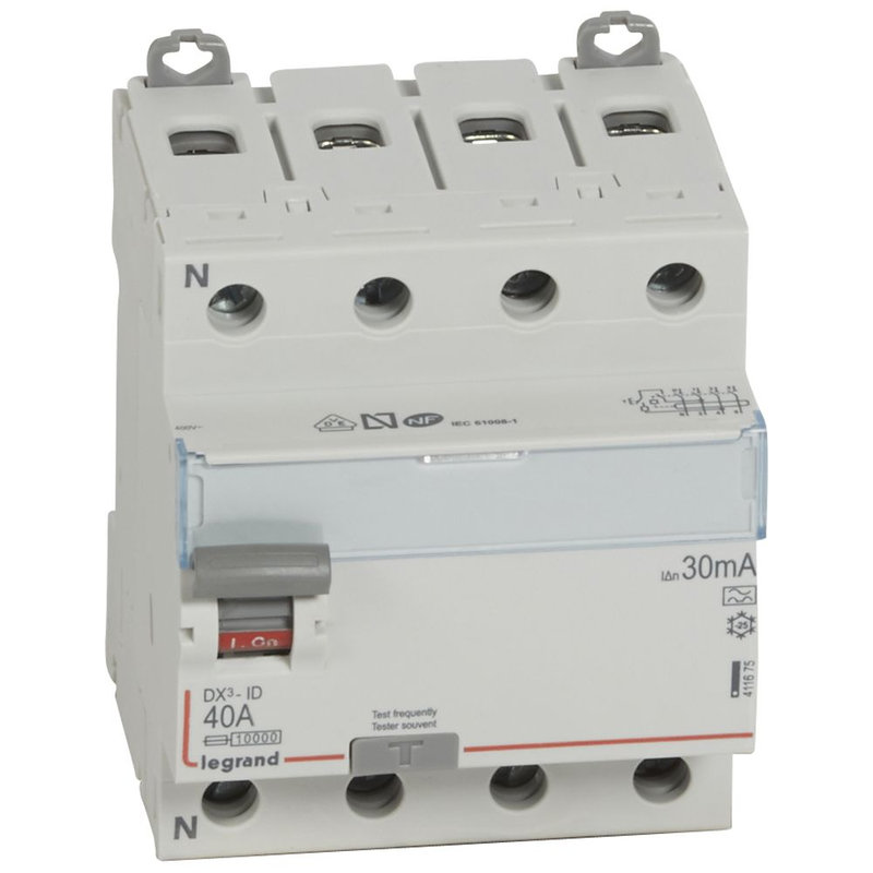 Legrand 411675 - Interrupteur différentiel DX³-ID haut/bas vis - 4P 400V~ 40A typeA 30mA - 4 mod
