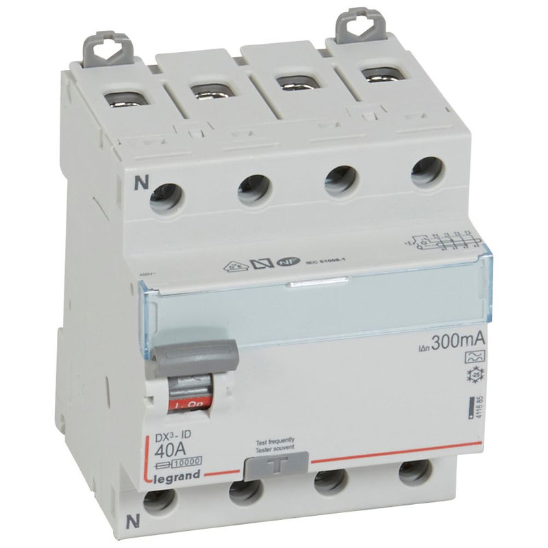 Legrand 411685 - Interrupteur différentiel DX³-ID haut/bas vis - 4P 400V~ 40A typeA 300mA -4 mod