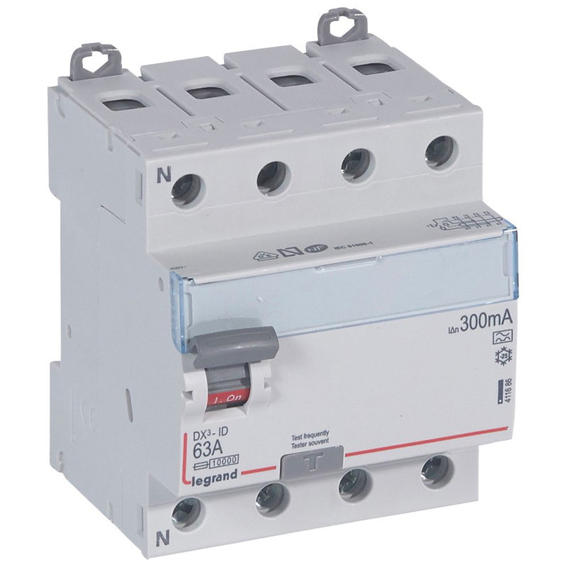 Legrand 411686 - Interrupteur différentiel DX³-ID haut/bas vis - 4P 400V~ 63A typeA 300mA -4 mod