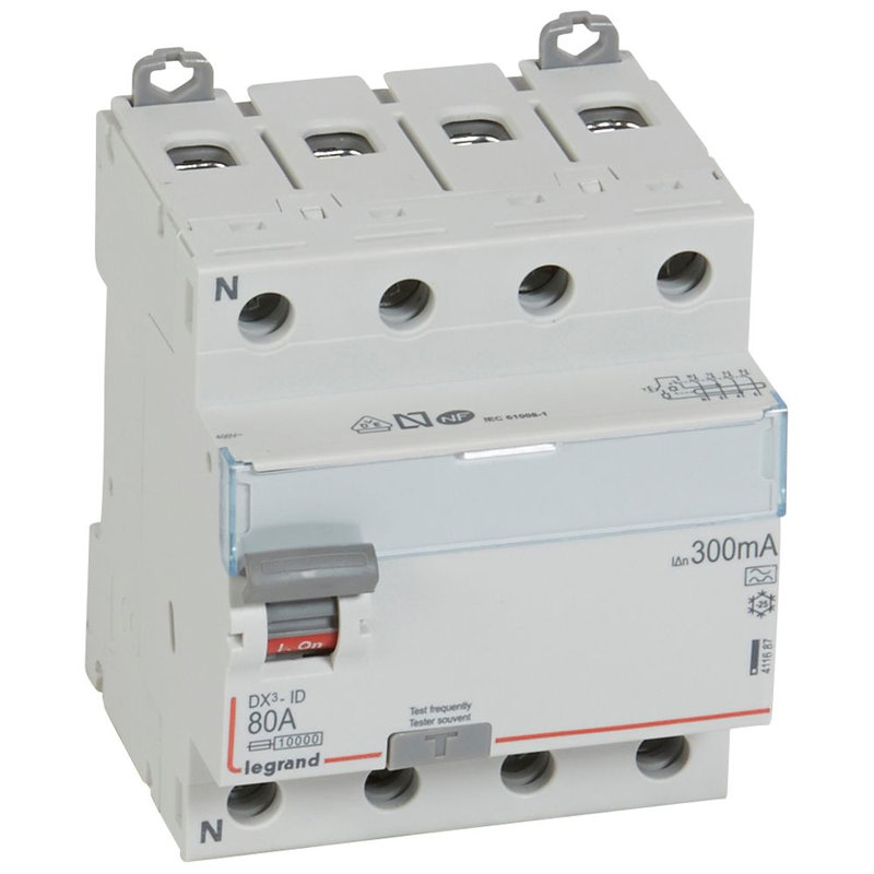 Legrand 411687 - Interrupteur différentiel DX³-ID haut/bas vis - 4P 400V~ 80A typeA 300mA -4 mod