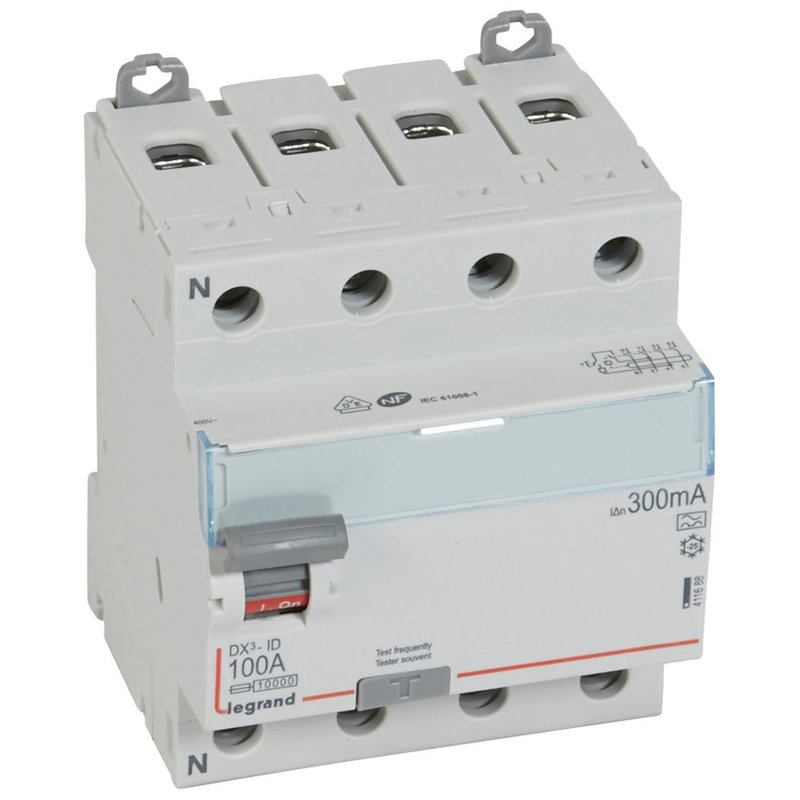 Legrand 411688 - Interrupteur différentiel DX³-ID haut/bas vis - 4P 400V~ 100A A 300mA - 4 mod