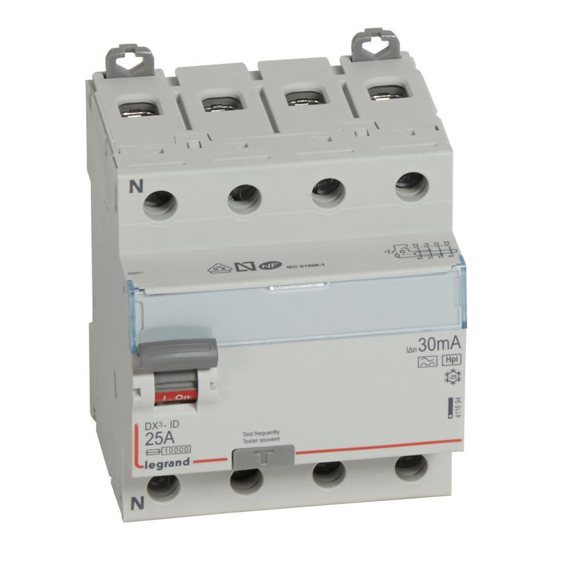 Legrand 411694 - Interrupteur différentiel DX³-ID haut/bas vis - 4P 400V~ 25A F 30mA - 4 modules