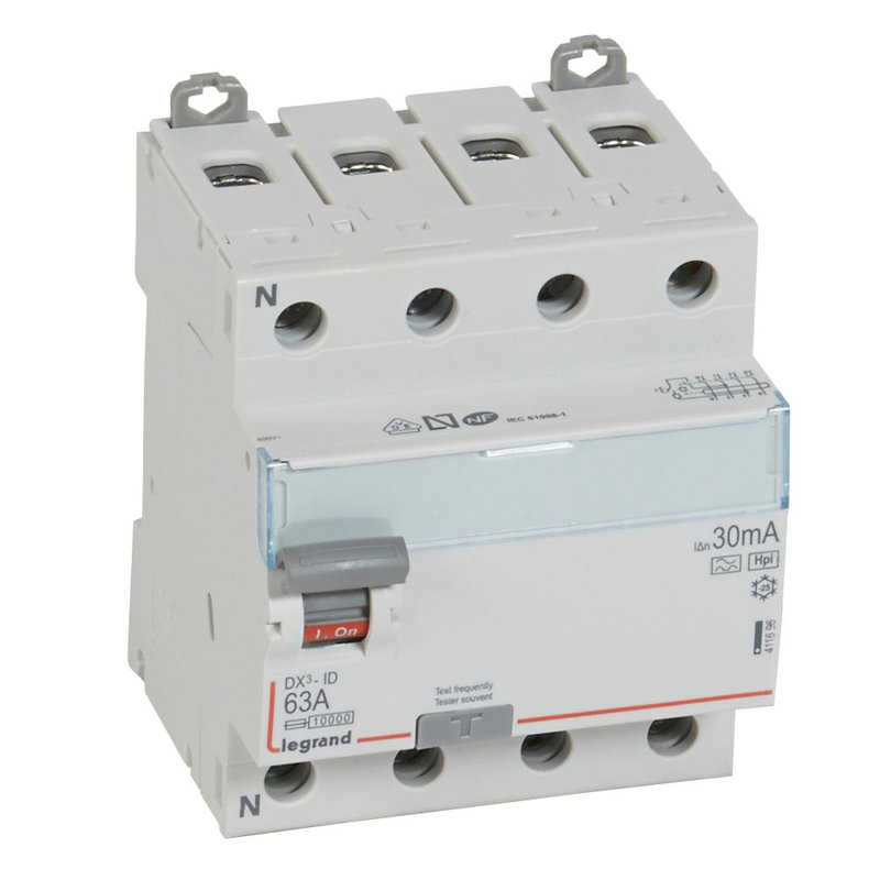 Legrand 411696 - Interrupteur différentiel DX³-ID haut/bas vis - 4P 400V~ 63A F 30mA - 4 modules