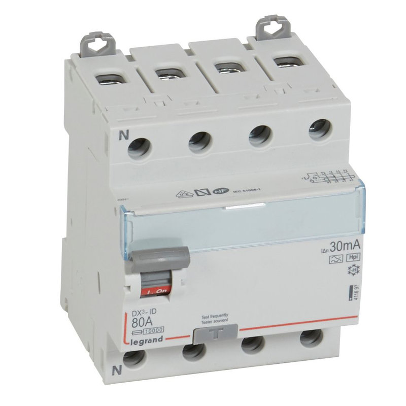Legrand 411697 - Interrupteur différentiel DX³-ID haut/bas vis - 4P 400V~ 80A F 30mA - 4 modules