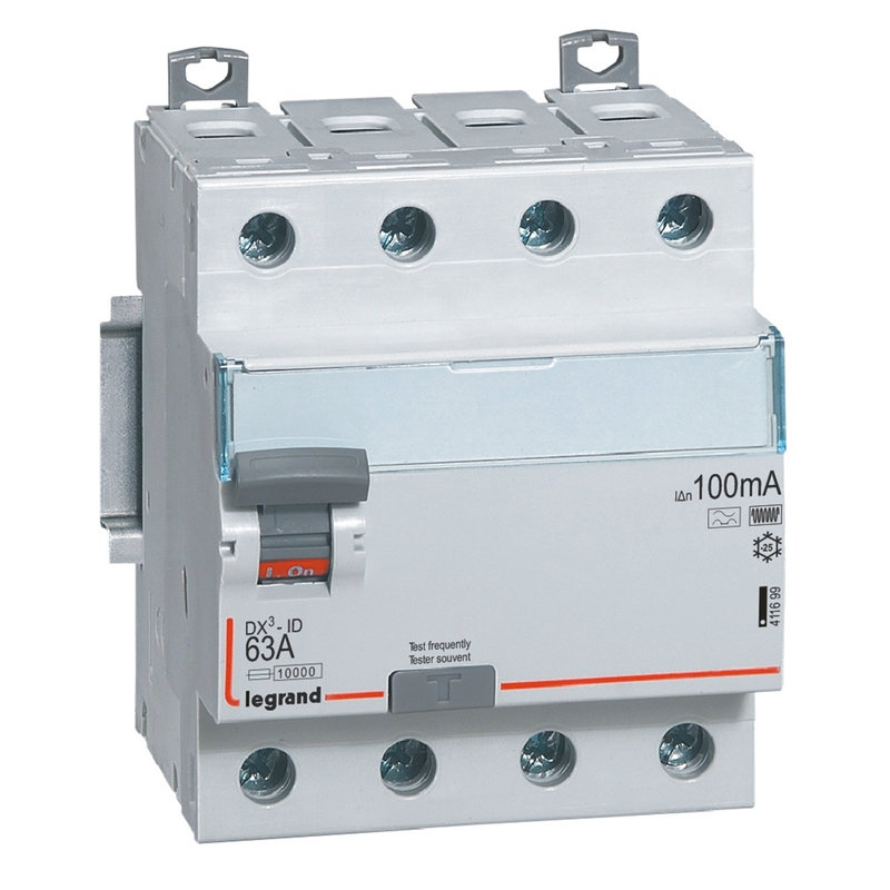 Legrand 411699 - Interrupteur différentiel DX³-ID haut/bas vis - 4P 400V~ 63A F 100mA -4 modules