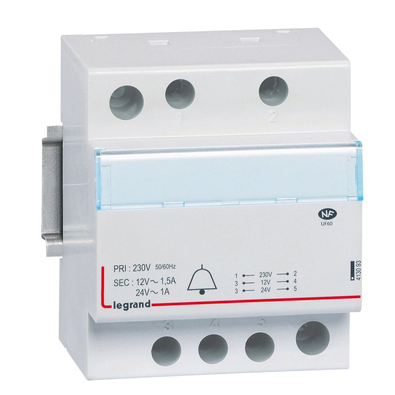 Legrand 413093 - Transformateur pour sonnerie 230V vers 24V à 12V - 24VA à 18 VA - 4 modules