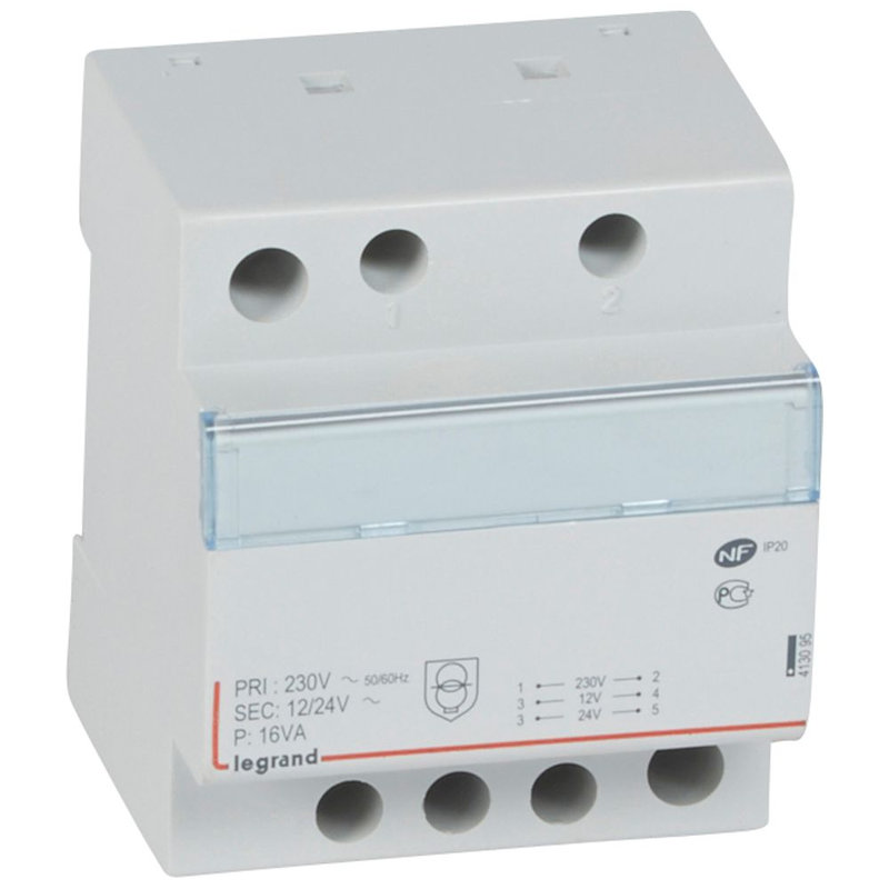 Legrand 413095 - Transformateur de sécurité 230V vers 12V ou 24V - 16VA - 4 modules