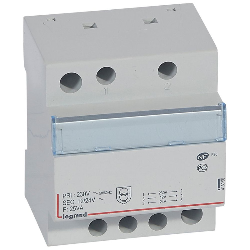 Legrand 413096 - Transformateur de sécurité 230V vers 12V ou 24V - 25VA - 4 modules