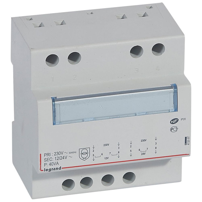 Legrand 413097 - Transformateur de sécurité 230V vers 12V ou 24V - 40VA - 5 modules