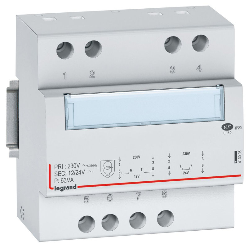 Legrand 413098 - Transformateur de sécurité 230V vers 12V ou 24V - 63VA - 5 modules