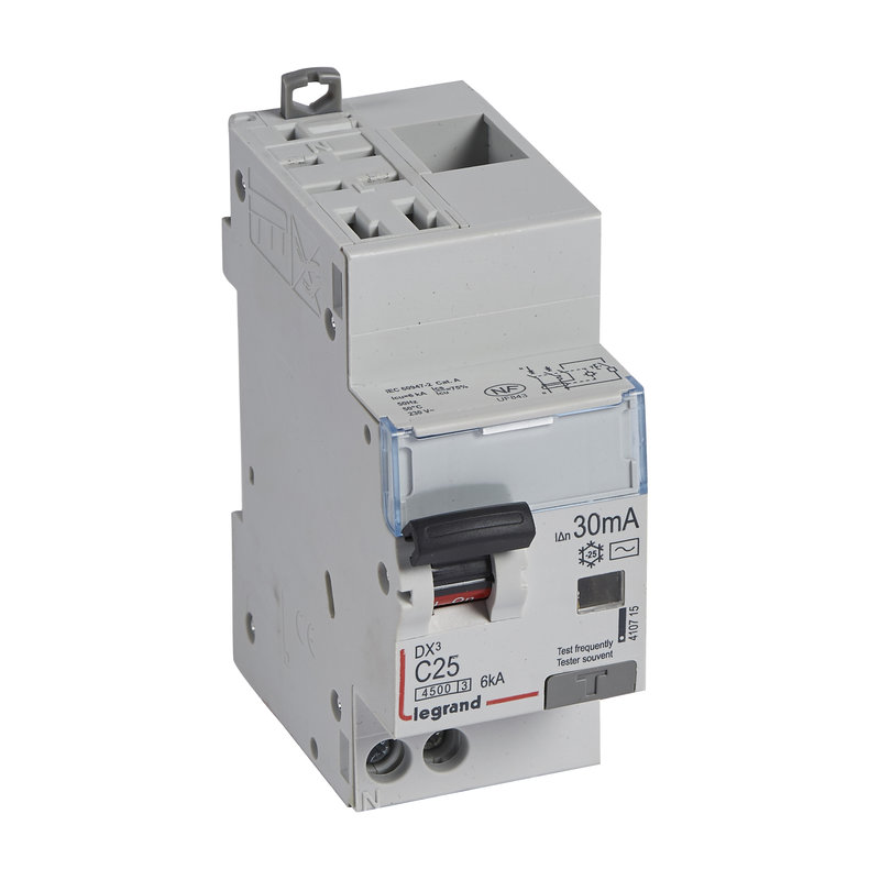Legrand 410715 - Disjoncteur diff DX³ 4500 -auto/vis -U+N 230V~ 25A - typeAC - 30mA -courbe C -2M