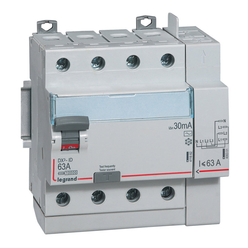 Legrand 411653 - Interrupteur différentiel DX³-ID haut vis/haut auto 4P 400V~ 63A AC 30mA - 5 mod