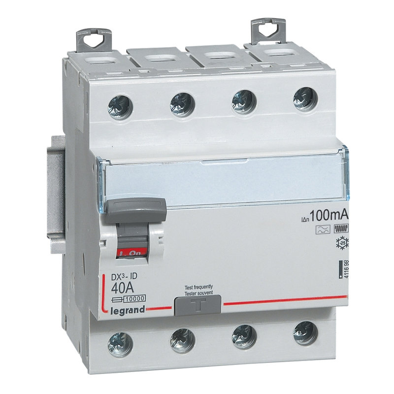 Legrand 411698 - Interrupteur différentiel DX³-ID haut/bas vis - 4P 400V~ 40A F 100mA -4 modules