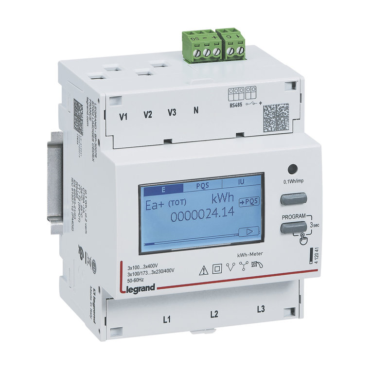Legrand 412043 - Compteur triphasé EMDX³ MID raccordement TI 5A avec sortie RS485 - 4 modules DIN