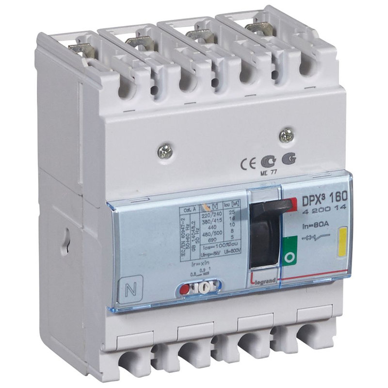 Legrand 420014 - Disjoncteur magnétothermique DPX³160 pouvoir de coupure 16kA 400V~ - 4P - 80A