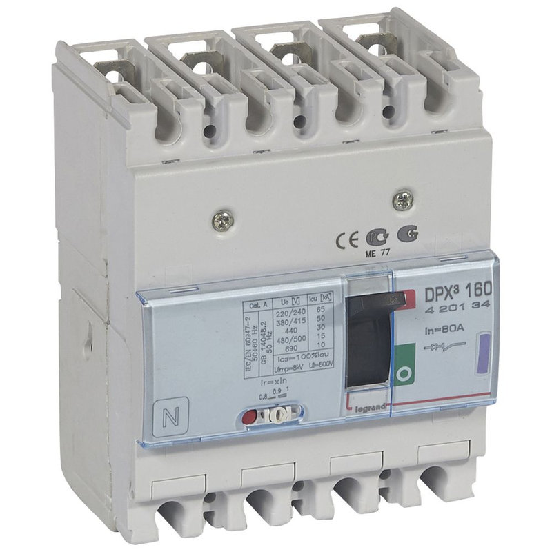 Legrand 420134 - Disjoncteur magnétothermique DPX³160 pouvoir de coupure 50kA 400V~ - 4P - 80A