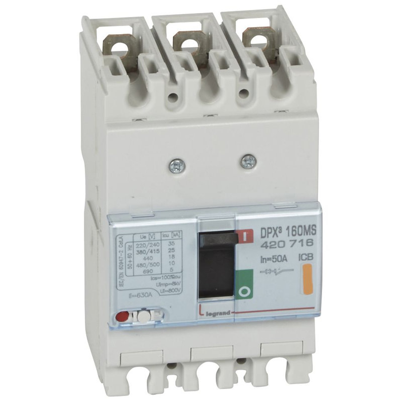 Legrand 420716 - Disjoncteur magnétique fixe seul DPX³160 pouvoir de coupure 25kA 400V~ - 3P 50A