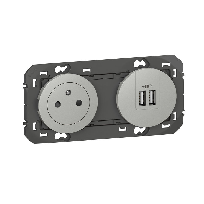 Legrand 600442 - Prises 2P+T Surface + Prises 2 USB Type-A dooxie 3A précâblés finition alu