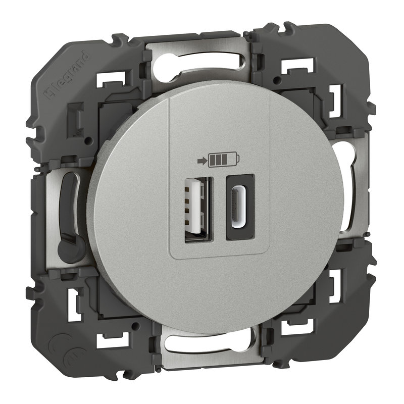 Legrand 600449 - Double Prise USB 1 Type-A + 1 Type-C dooxie 3A finition alu