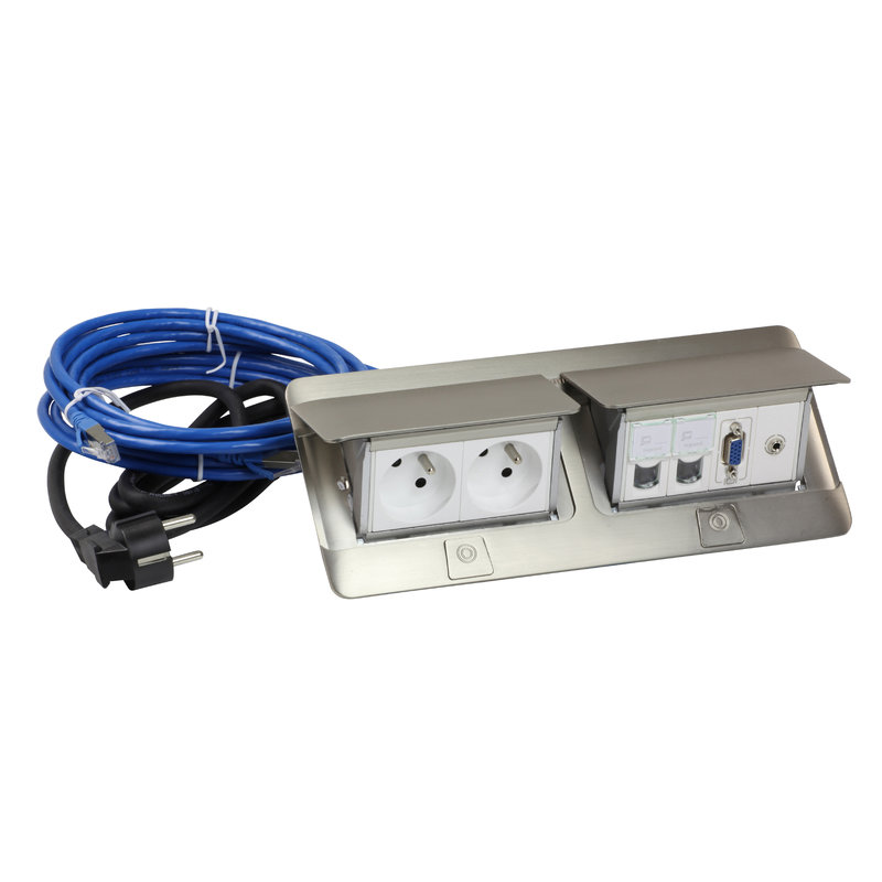 Legrand 654011 - Pop up mobilier pré-câblé 2x2P+T + 2xRJ45 + HD15 + Jack - finition inox mat