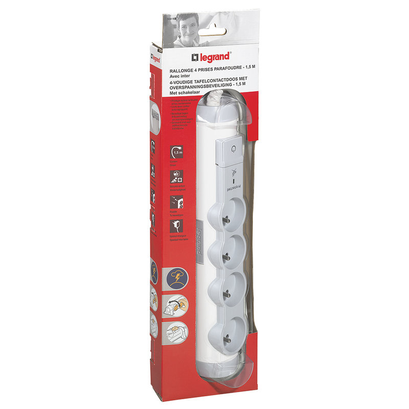 Legrand 050095 - Rallonge multiprise 4 prises 2P+T 16A 230V avec parafoudre - blanc et gris