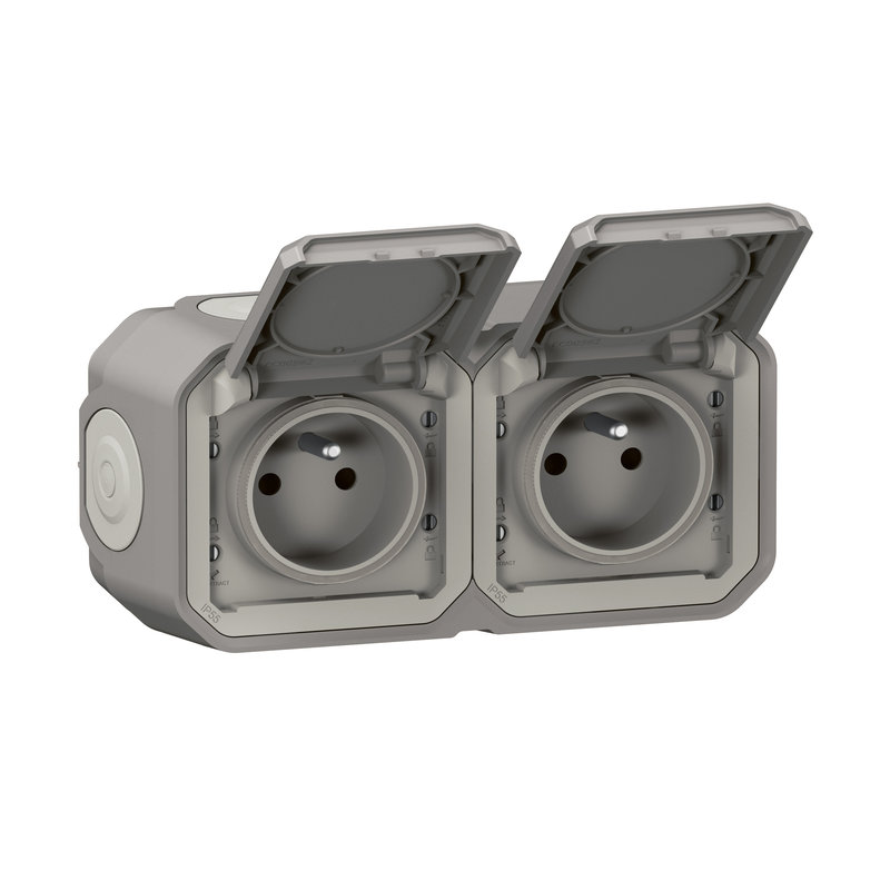 Legrand 070005 - Double prise de courant horizontale avec volet Plexo complet saillie - gris