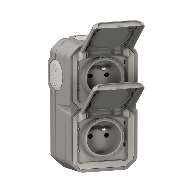 Legrand 070013 - Double prise de courant verticale avec volet Plexo complet saillie - gris