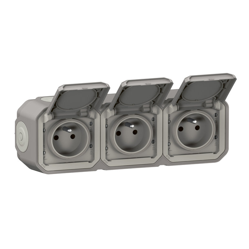 Legrand 070014 - Triple prise de courant horizontale avec volet Plexo complet saillie - gris
