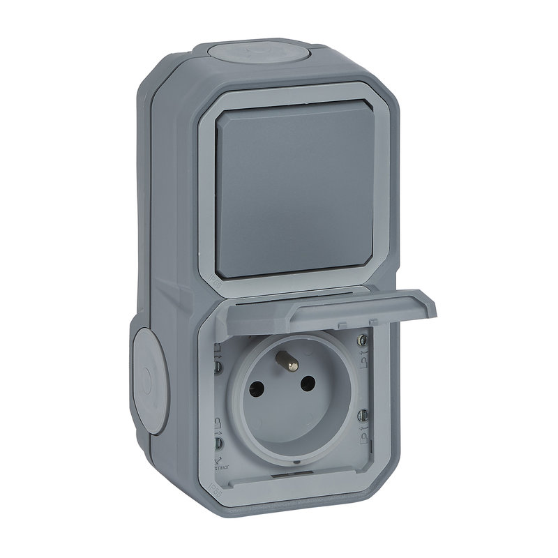 Legrand 070012 - Prise de courant avec va-et-vient vertical Plexo complet saillie - gris