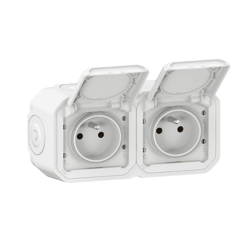 Legrand 070025 - Double prise de courant horizontale avec volet Plexo complet saillie - blanc