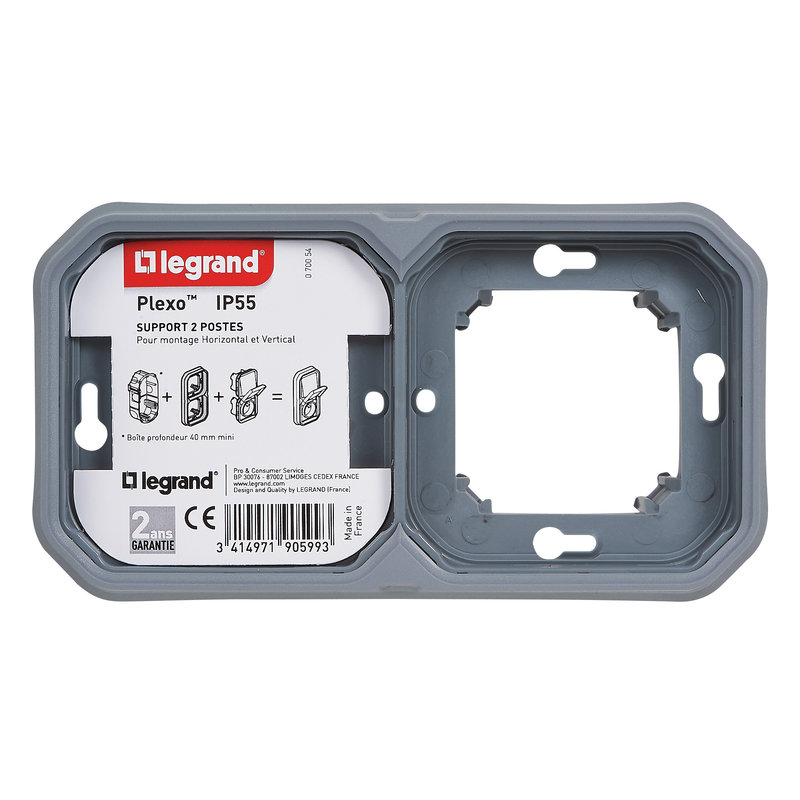 Legrand 070054 - Support plaque 2 postes Plexo montage encastré horizontal ou vertical - gris
