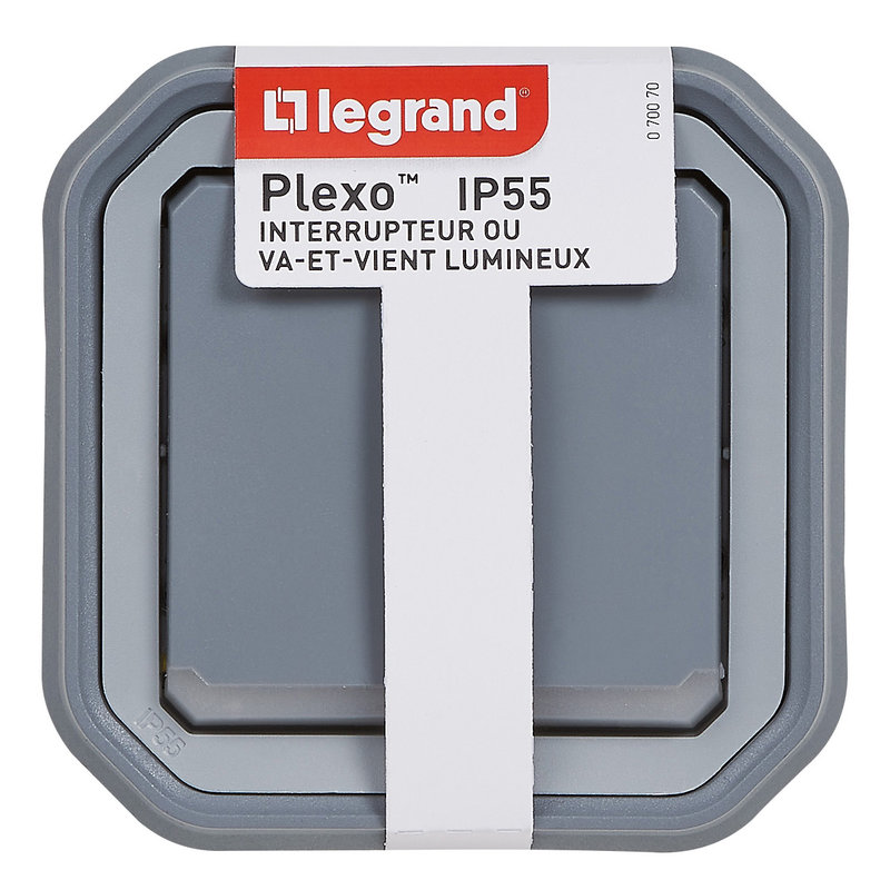 Legrand 070070 - Interrupteur ou va-et-vient lumineux Plexo complet encastré et griffes - gris