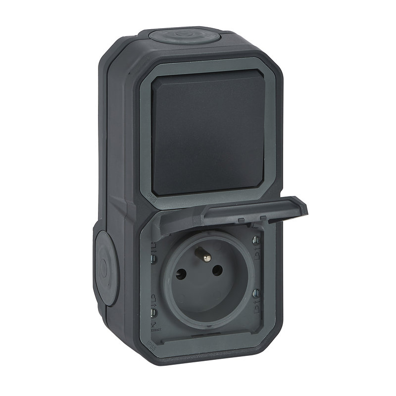 Legrand 070067 - Prise de courant avec va-et-vient vertical Plexo complet saillie - anthracite