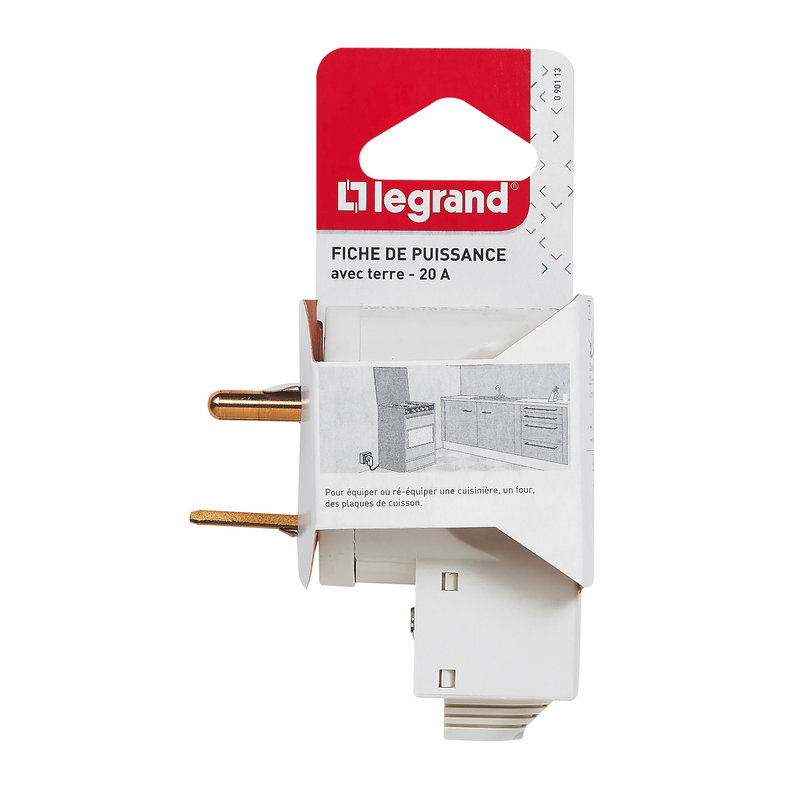 [LEG-090113] Legrand 090113 - Fiche de puissance mâle 20A -sortie câble par dessous -2 broches -blister -blanc