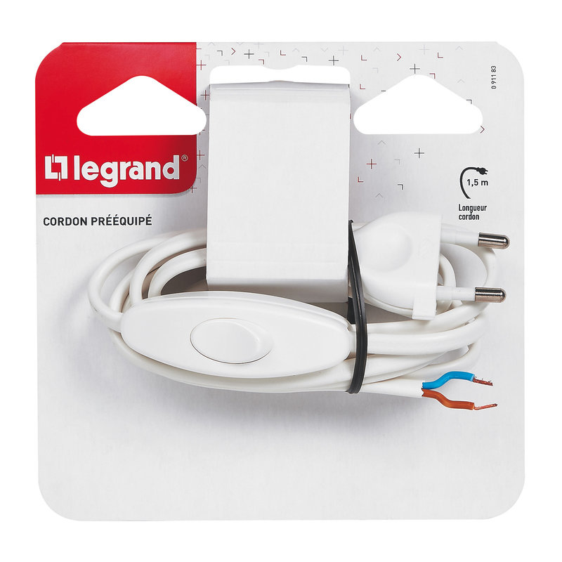 Legrand 091183 - Cordon pré-équipé pour lampe avec fiche mâle et interrupteur 2A - blanc