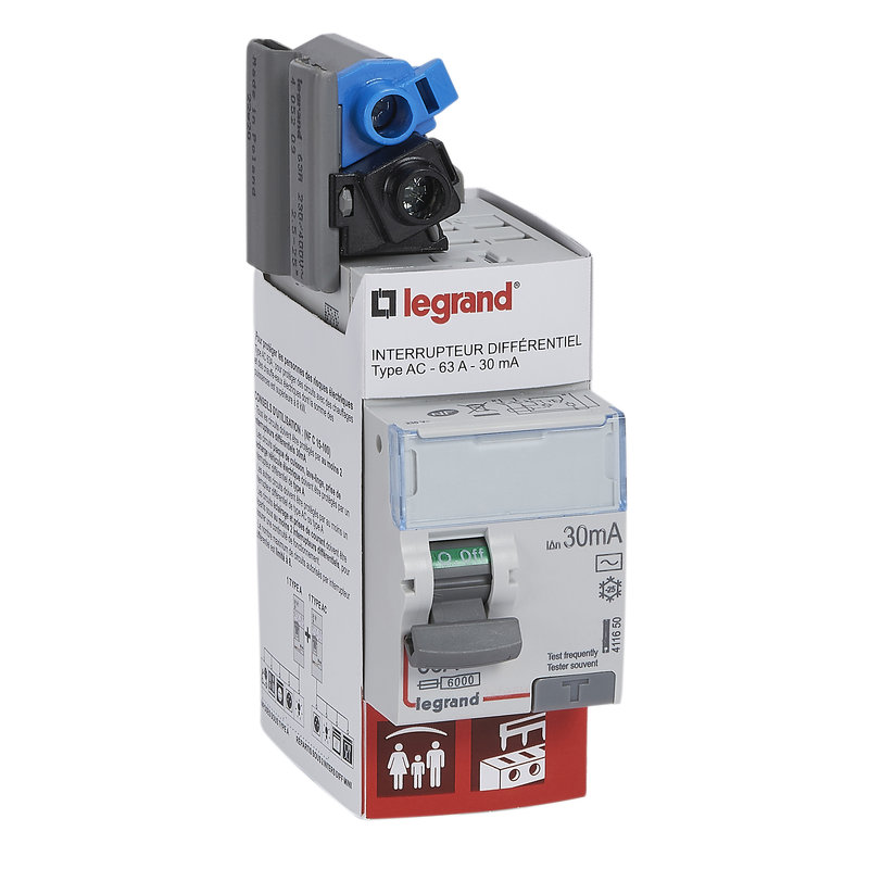 Legrand 092888 - Interrupteur différentiel bipolaire 2P type AC 30mA arrivée haut/départ haut 63A