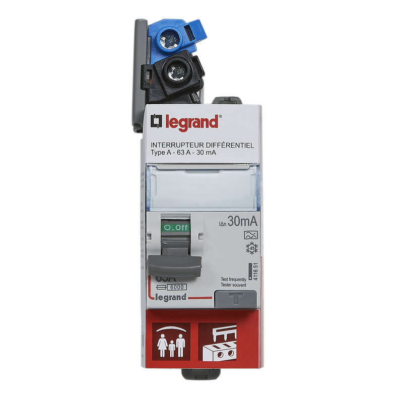 Legrand 092889 - Interrupteur différentiel bipolaire 2P type A 30mA arrivée haut/départ haut 63A