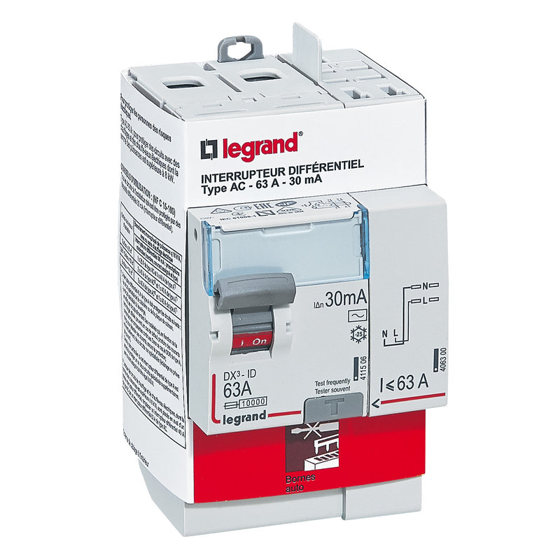 Legrand 092897 - Interrupteur differentiel DX³-ID 2P type AC 30mA arrivée haut/départ haut 63A