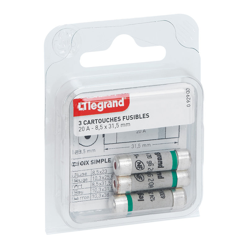 Legrand 092903 - Cartouches fusibles pour porte-fusibles - avec témoin - 8,5x31,5mm - 20A