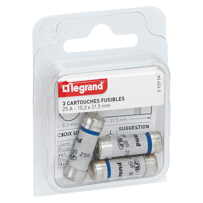 Legrand 092904 - Cartouches fusibles pour porte-fusibles - avec témoin - 10,3x31,5mm - 25A