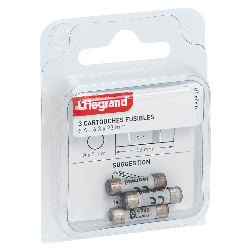 Legrand 092910 - Cartouches fusibles pour porte-fusibles - sans témoin - 6,3x23mm - 6A