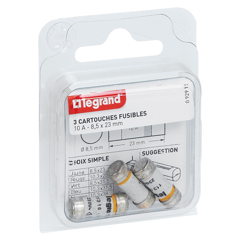Legrand 092911 - Cartouches fusibles pour porte-fusibles - sans témoin - 8,5x23mm - 10A