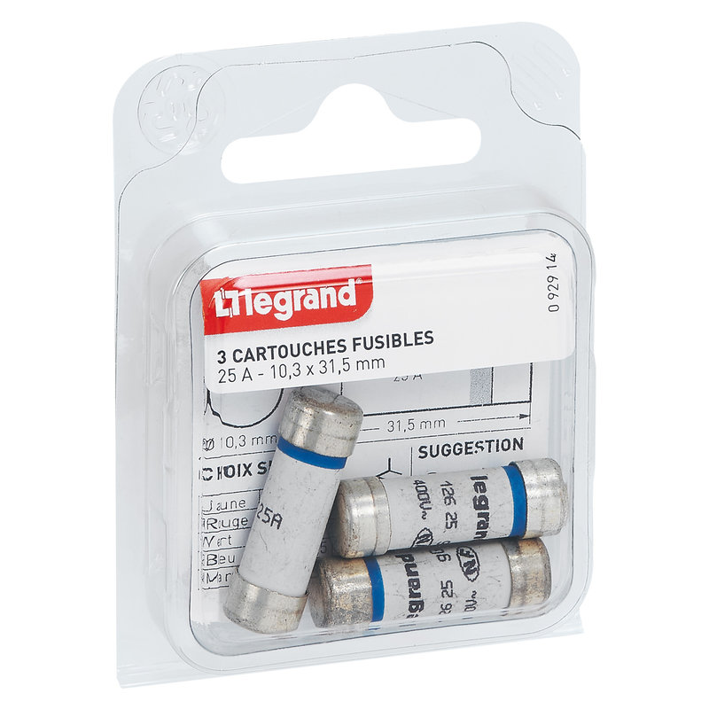 Legrand 092914 - Cartouches fusibles pour porte-fusibles - sans témoin - 10,3x31,5mm - 25A