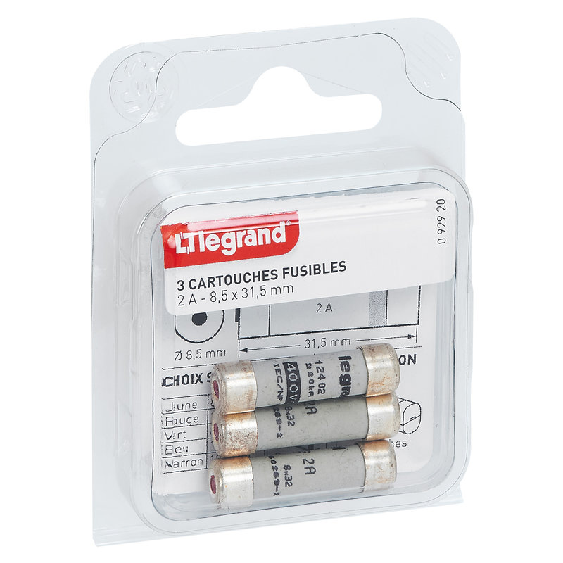 Legrand 092920 - Cartouches fusibles pour porte-fusibles - avec témoin - 8,5x31,5mm - 2A
