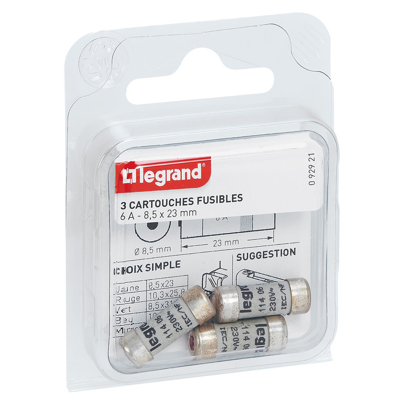 Legrand 092921 - Cartouches fusibles pour porte-fusibles - avec témoin - 8,5x23mm - 6A